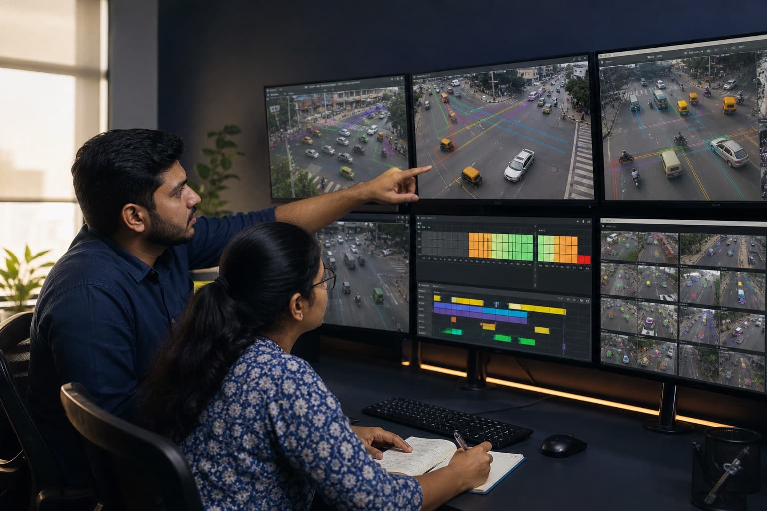 Indian analysts reviewing traffic video footage for a project brief